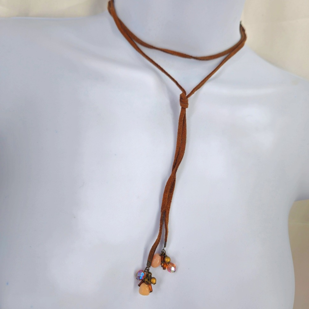 Brown Suede Lariat Choker Necklace Peach Quartz Rhinestone Beaded Tassels Bronze